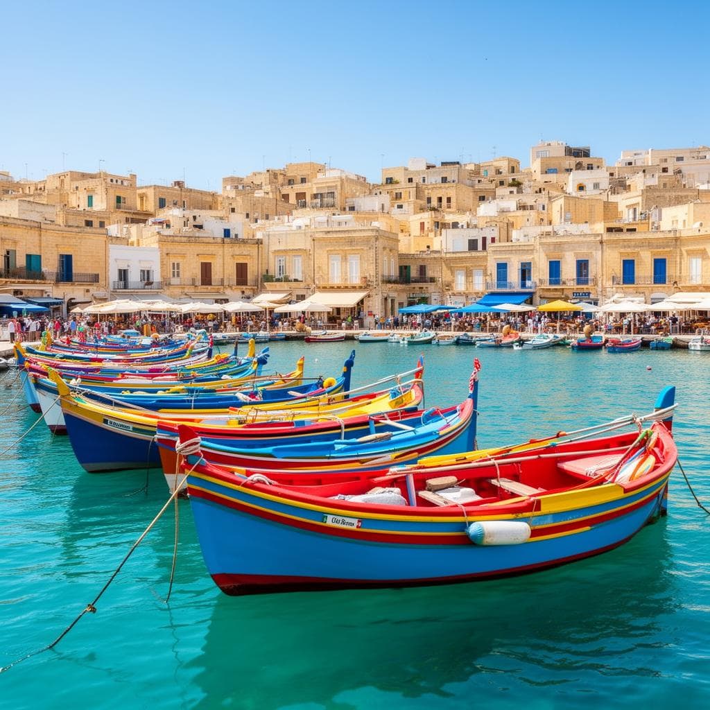 Traditional colourful Maltese luzzu boats at Marsaxlokk harbour