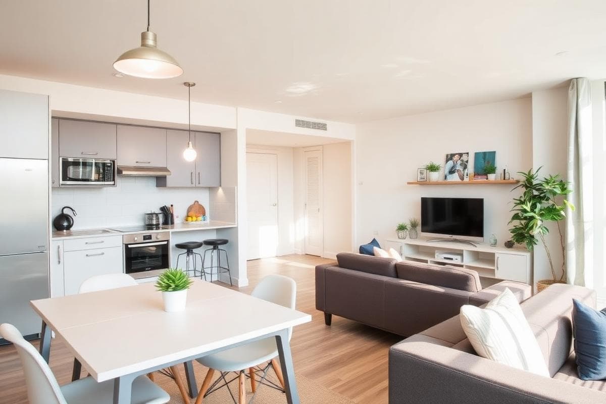 Bright student apartment kitchen and lounge from UniAcco