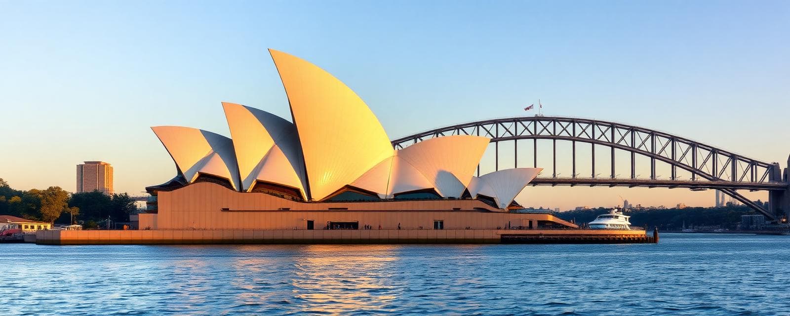 Sydney Opera House at golden hour with Harbour Bridge