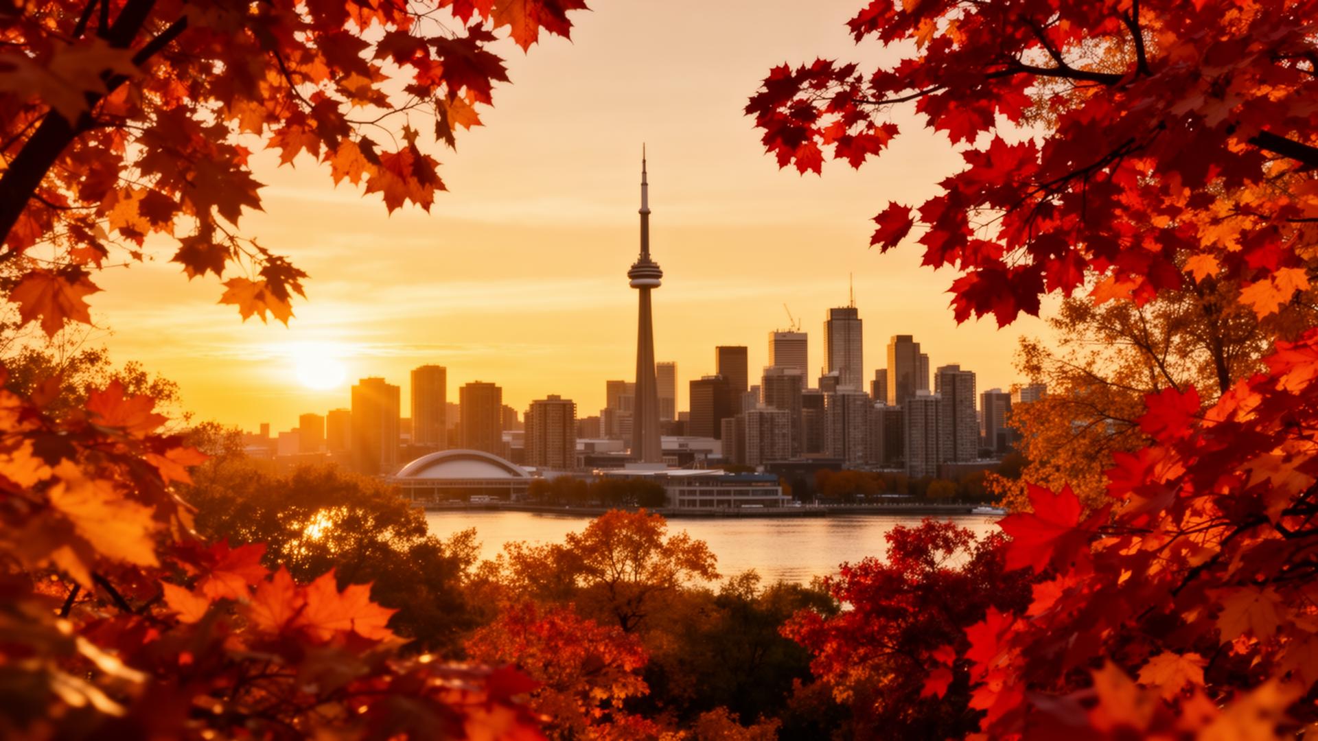 Toronto skyline with autumn maple leaves